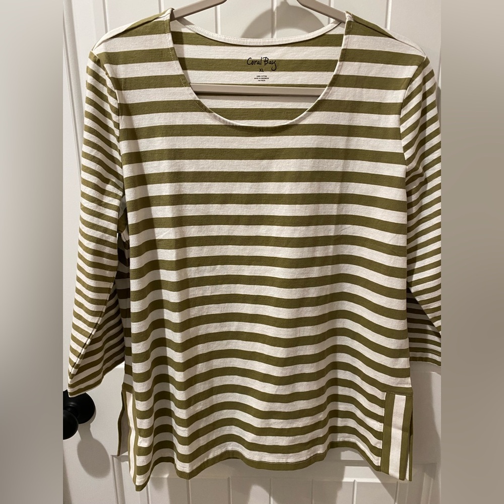 🛍️SALE…Coral Bay Olive and White Striped Scoop Neck Tunic